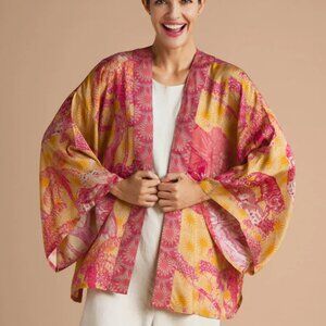 Powder Tropical Toile Kimono Jacket Artsy Boho Tiger Elephant Pink Yellow OS B34